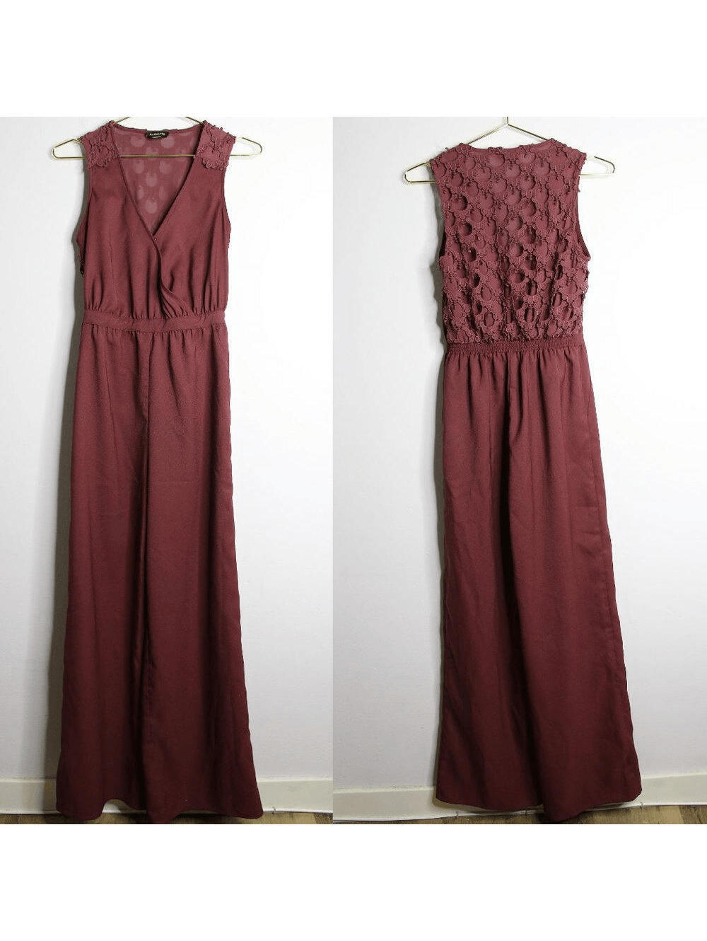 Bebe Burgundy Wide Leg Sleeveless Lace Jumpsuit - XS
